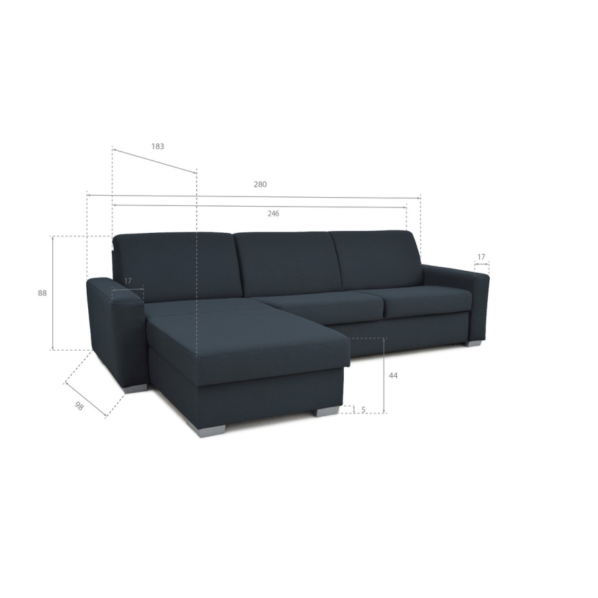L-shaped folding corner lounge suite for everyday sleeping with a storage space LEKA left blue