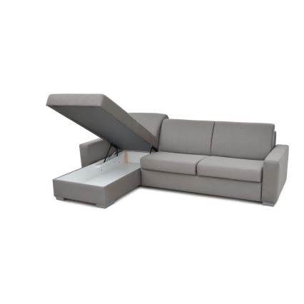 L-shaped folding corner lounge suite for everyday sleeping with a storage space LEKA left grey