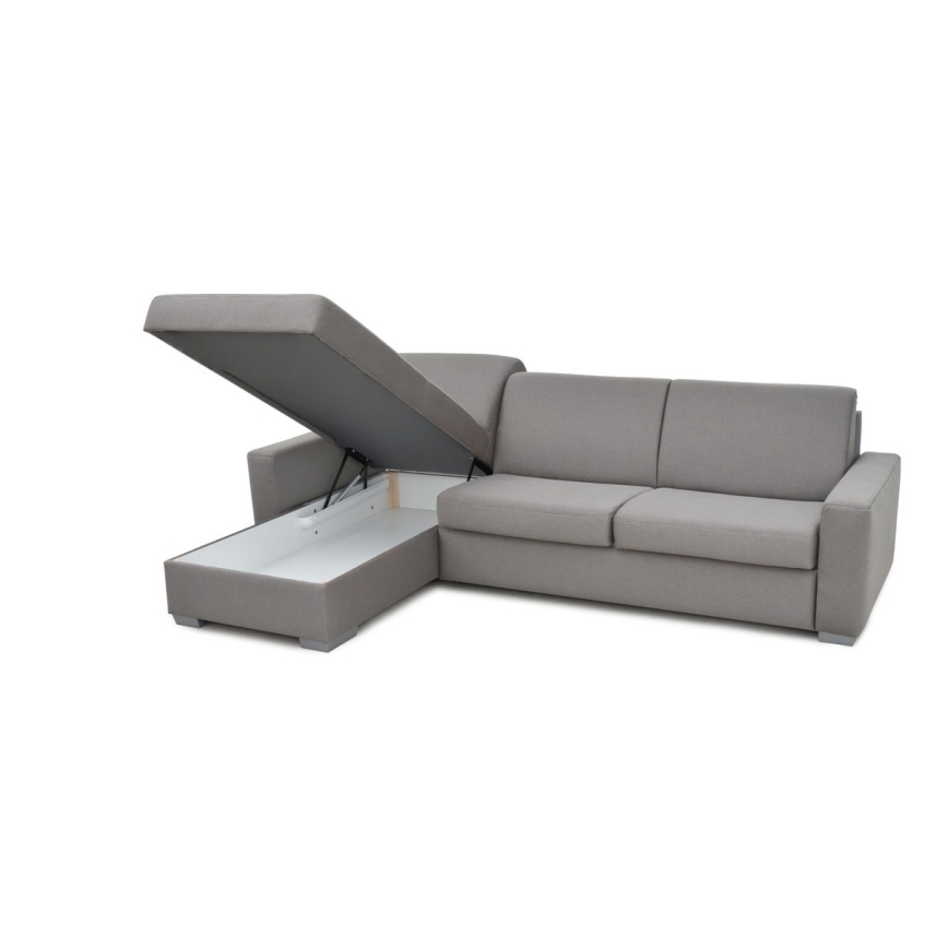 L-shaped folding corner lounge suite for everyday sleeping with a storage space LEKA left grey