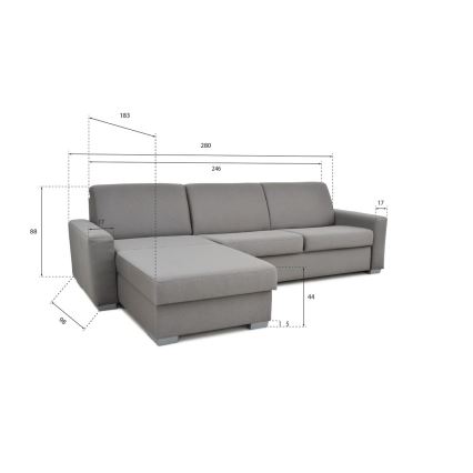 L-shaped folding corner lounge suite for everyday sleeping with a storage space LEKA left grey