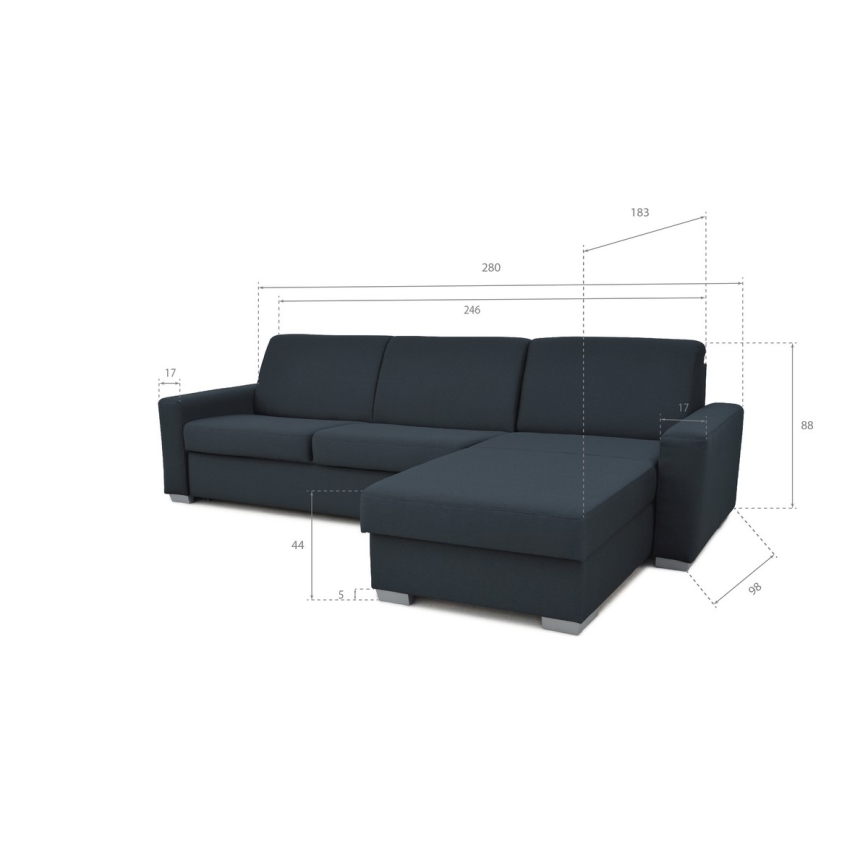 L-shaped folding corner lounge suite for everyday sleeping with a storage space LEKA right blue