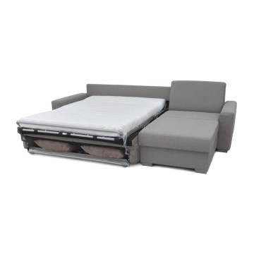 L-shaped folding corner lounge suite for everyday sleeping with a storage space LEKA right grey