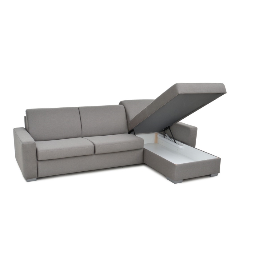 L-shaped folding corner lounge suite for everyday sleeping with a storage space LEKA right grey