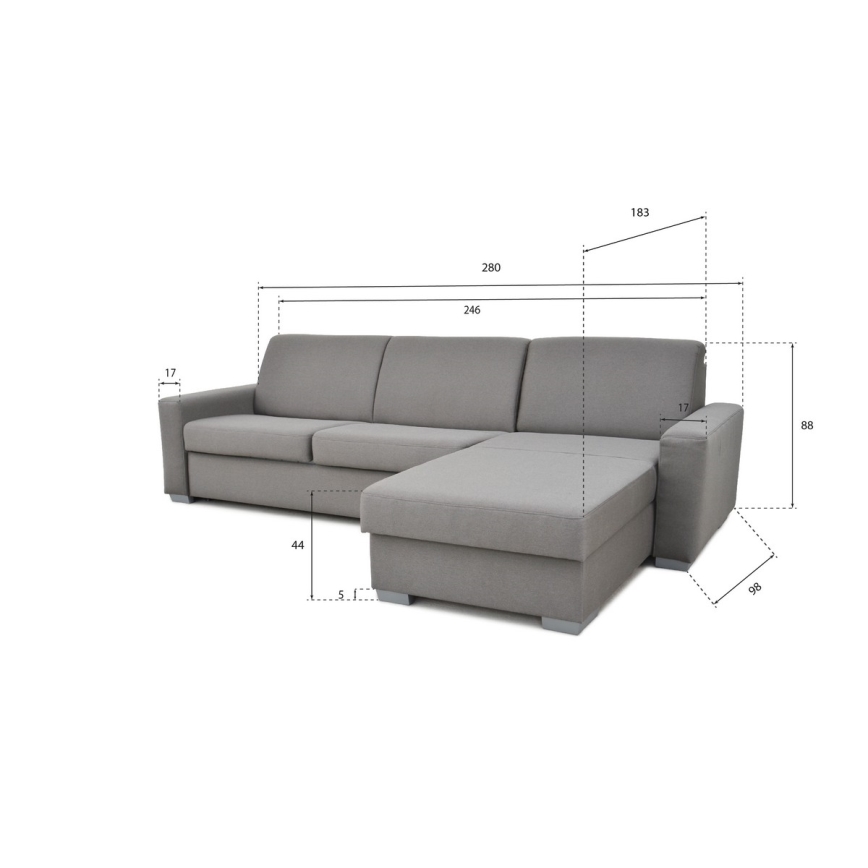 L-shaped folding corner lounge suite for everyday sleeping with a storage space LEKA right grey