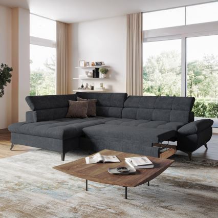 L-shaped folding corner lounge suite MARANO left black