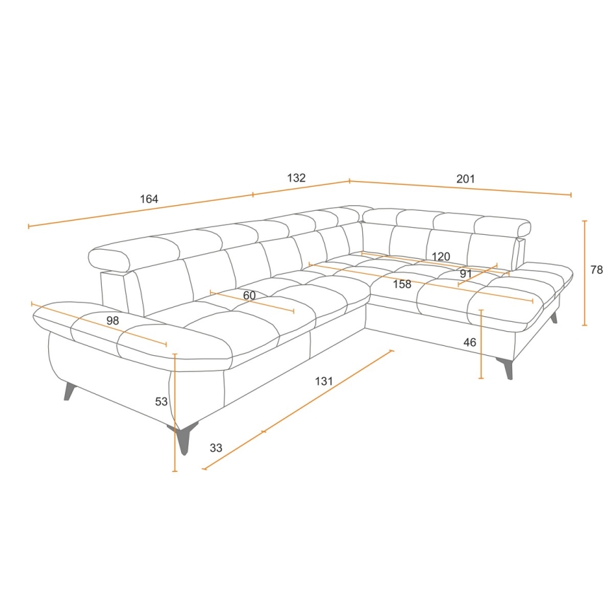 L-shaped folding corner lounge suite MARANO right orange
