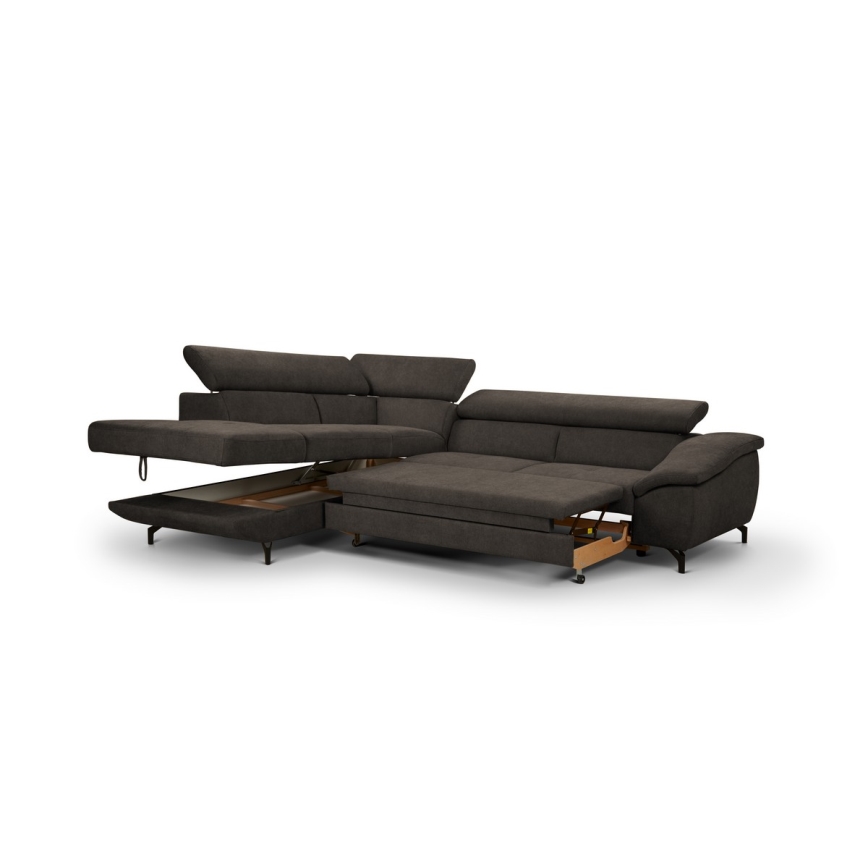 L-shaped folding corner lounge suite with a storage space BRESCIA left brown