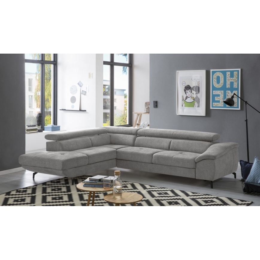L-shaped folding corner lounge suite with a storage space BRESCIA left grey