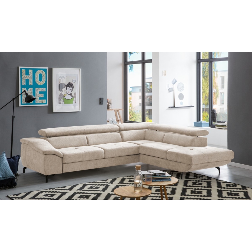 L-shaped folding corner lounge suite with a storage space BRESCIA right beige