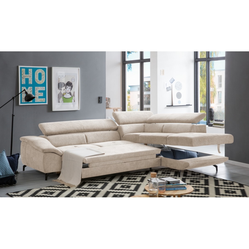 L-shaped folding corner lounge suite with a storage space BRESCIA right beige