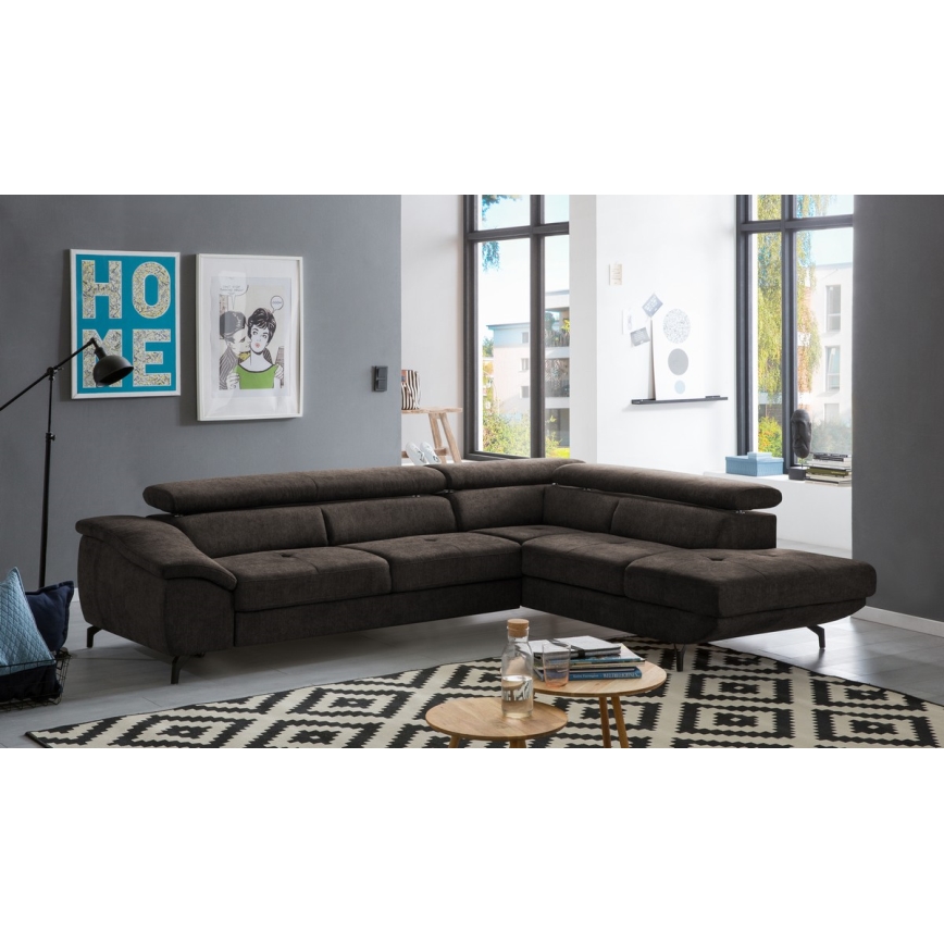 L-shaped folding corner lounge suite with a storage space BRESCIA right brown