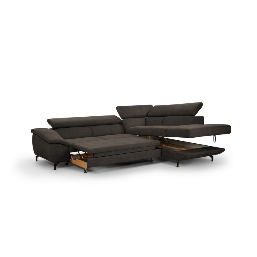L-shaped folding corner lounge suite with a storage space BRESCIA right brown