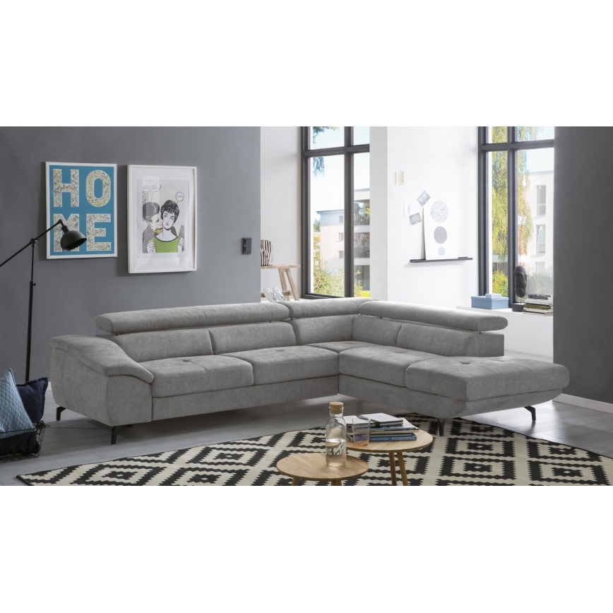 L-shaped folding corner lounge suite with a storage space BRESCIA right grey