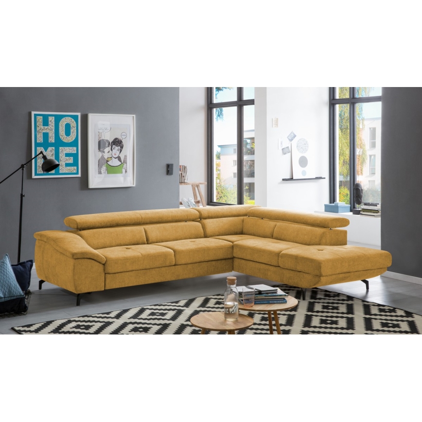 L-shaped folding corner lounge suite with a storage space BRESCIA right yellow