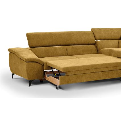 L-shaped folding corner lounge suite with a storage space BRESCIA right yellow