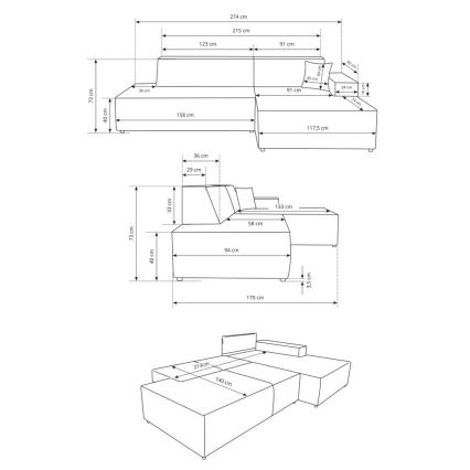 L-shaped folding corner lounge suite with a storage space TERAMO right beige