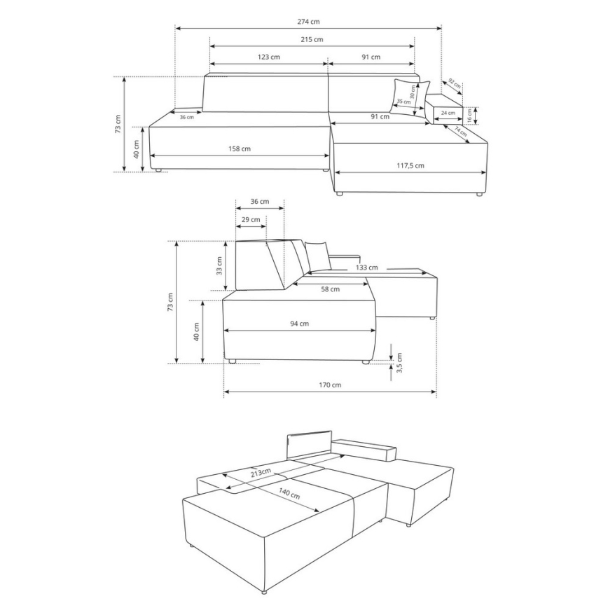 L-shaped folding corner lounge suite with a storage space TERAMO right beige