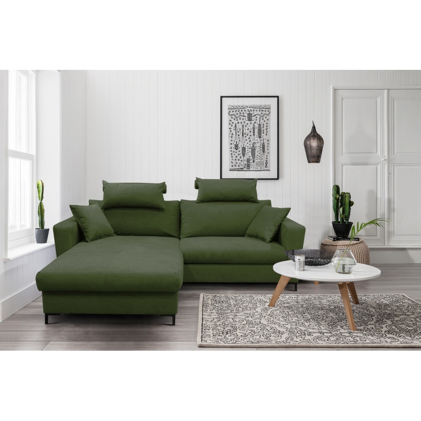 L-shaped upholstered folding corner lounge suite HORTA left green