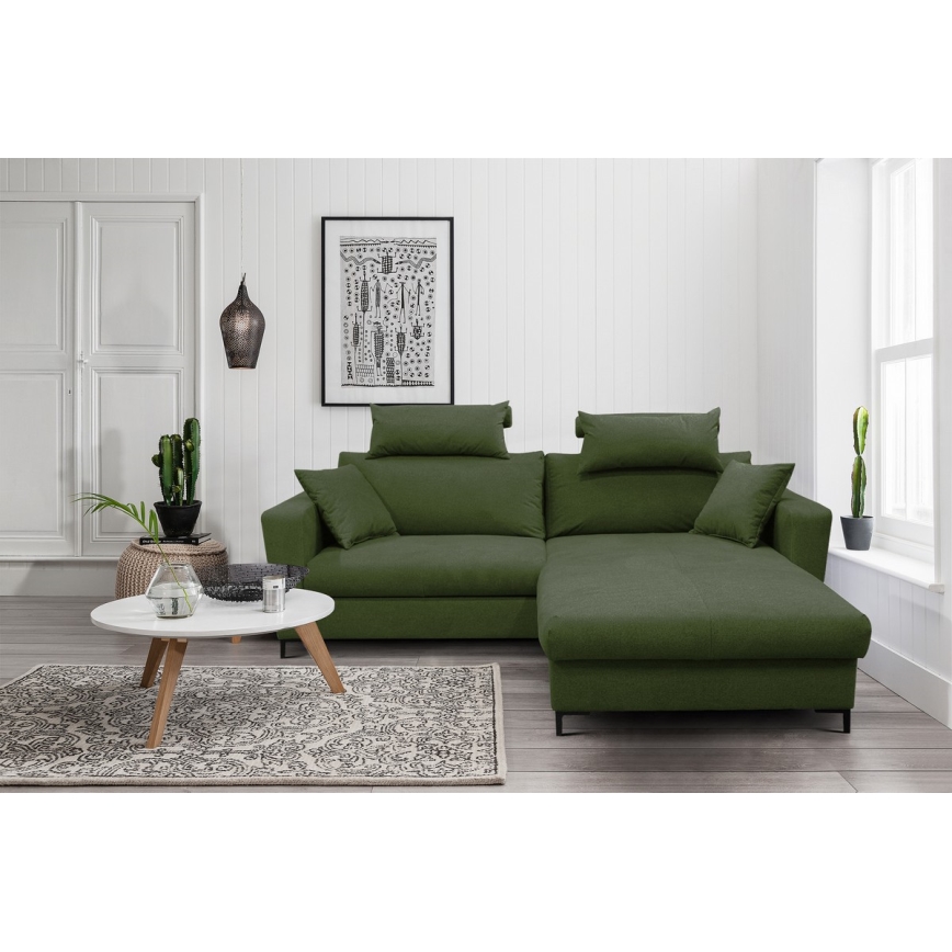 L-shaped upholstered folding corner lounge suite HORTA right green