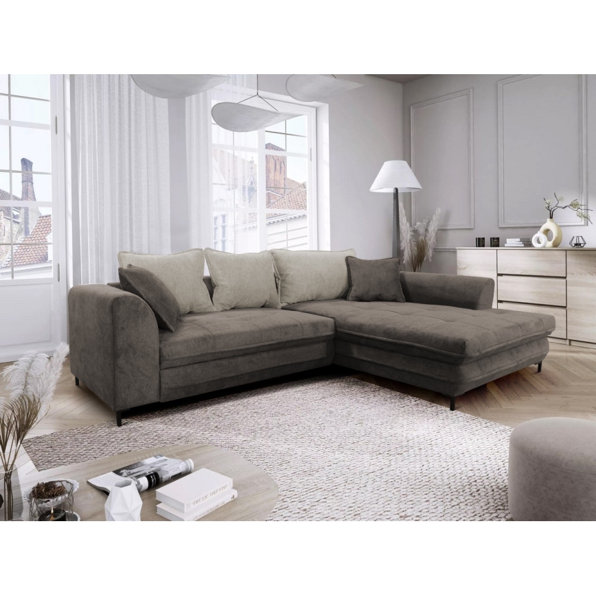 L-shaped upholstered folding corner lounge suite LAGOA right taupe/grey