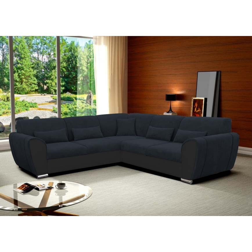 L-shaped upholstered folding corner lounge suite VISEU left anthracite/black