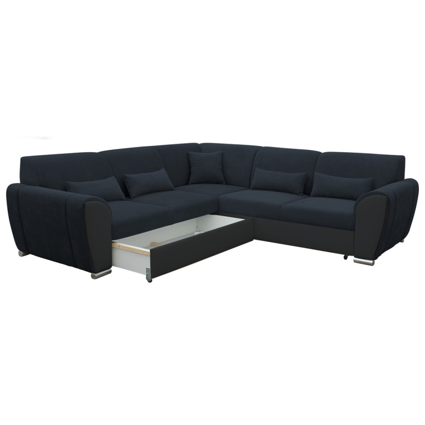 L-shaped upholstered folding corner lounge suite VISEU left anthracite/black
