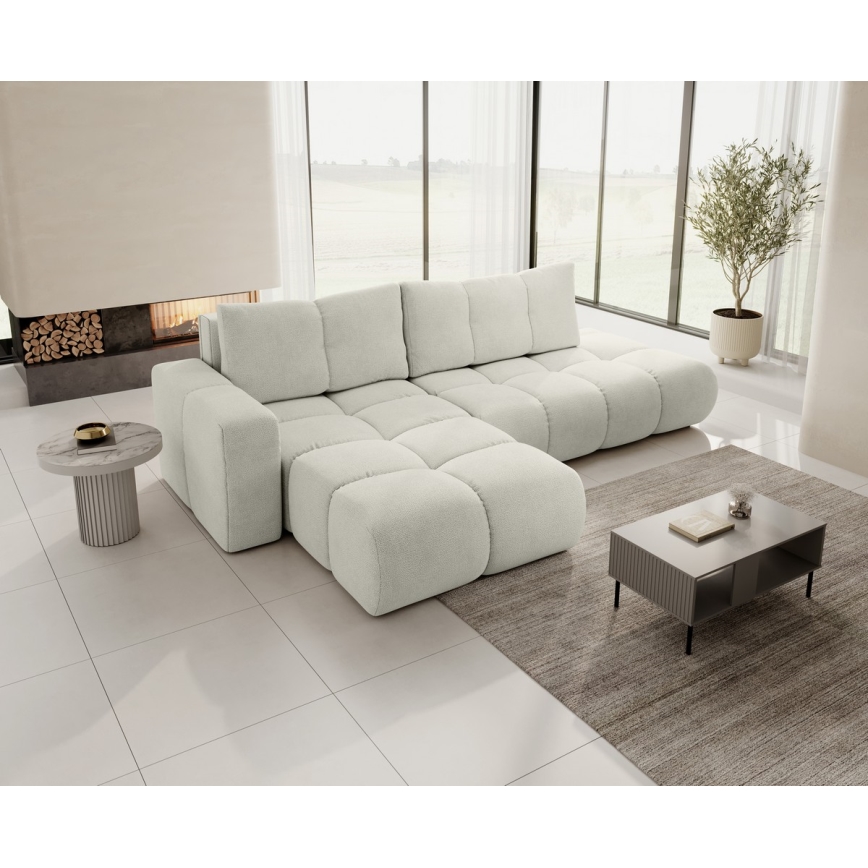 L-shaped upholstered folding corner lounge suite with a storage space ALMADA left beige