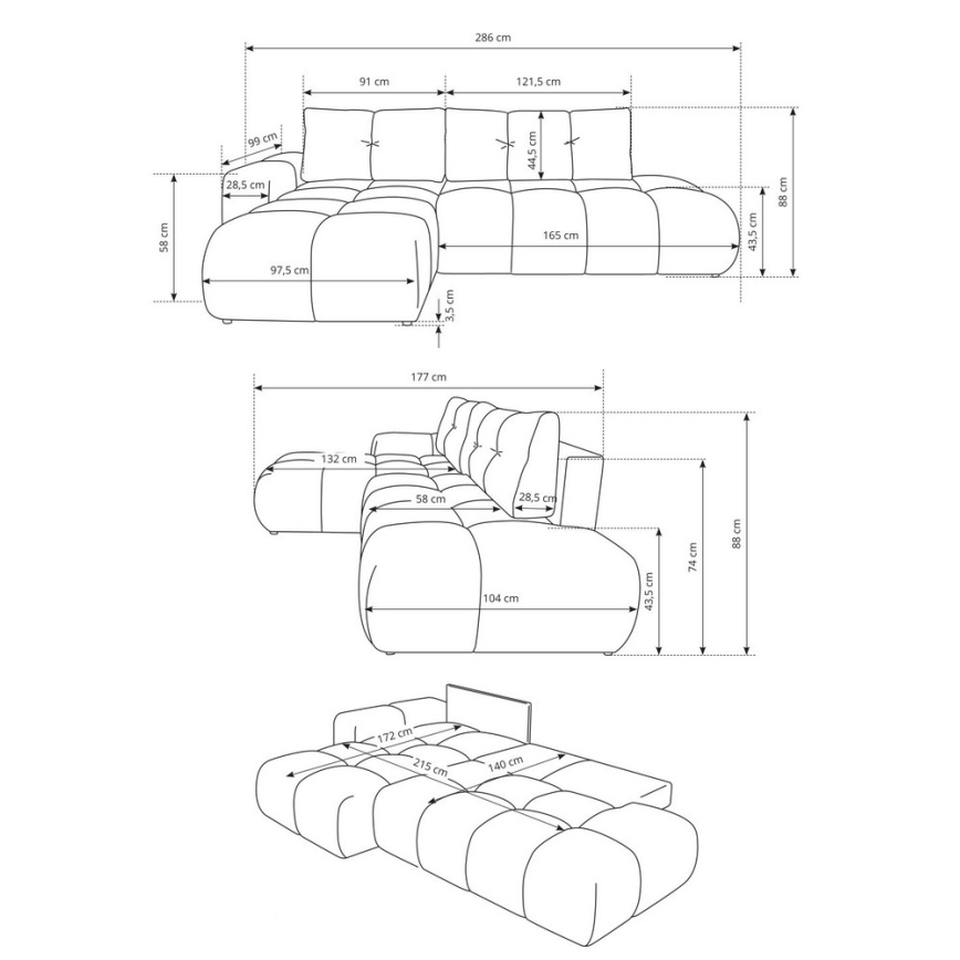 L-shaped upholstered folding corner lounge suite with a storage space ALMADA left beige