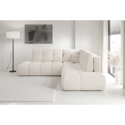 L-shaped upholstered folding corner lounge suite with a storage space ALMADA left beige