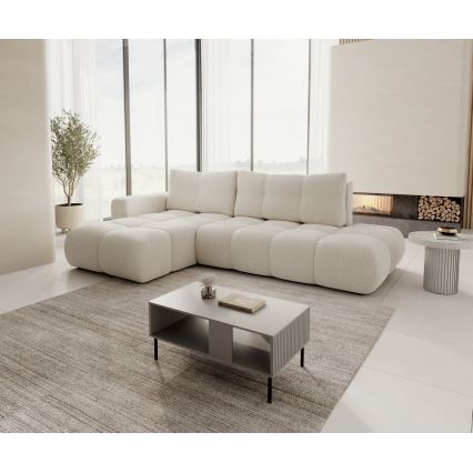 L-shaped upholstered folding corner lounge suite with a storage space ALMADA left light beige