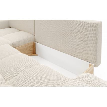 L-shaped upholstered folding corner lounge suite with a storage space ALMADA left light beige