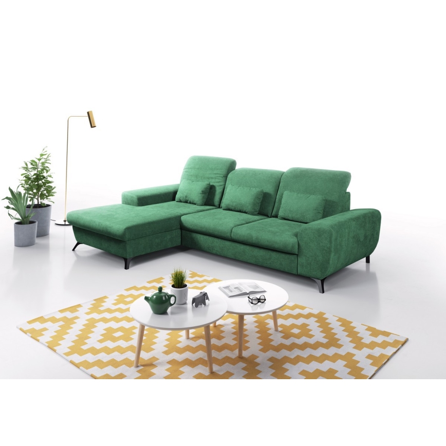 L-shaped upholstered folding corner lounge suite with a storage space ALTA left green