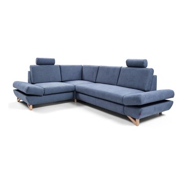 L-shaped upholstered folding corner lounge suite with a storage space AVESTA left blue