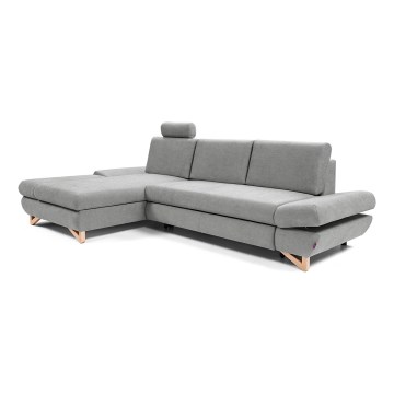L-shaped upholstered folding corner lounge suite with a storage space AVESTA left grey