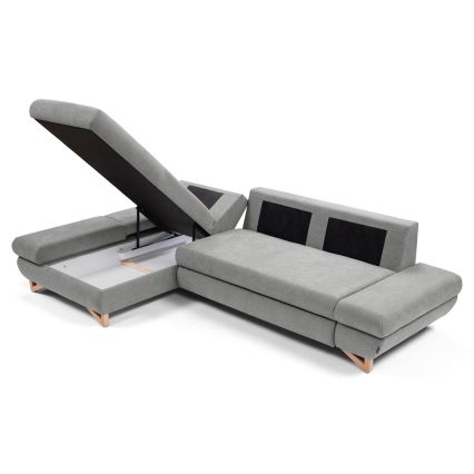 L-shaped upholstered folding corner lounge suite with a storage space AVESTA left grey
