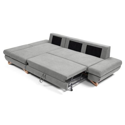 L-shaped upholstered folding corner lounge suite with a storage space AVESTA left grey
