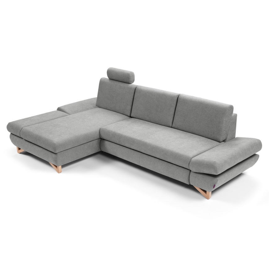 L-shaped upholstered folding corner lounge suite with a storage space AVESTA left grey