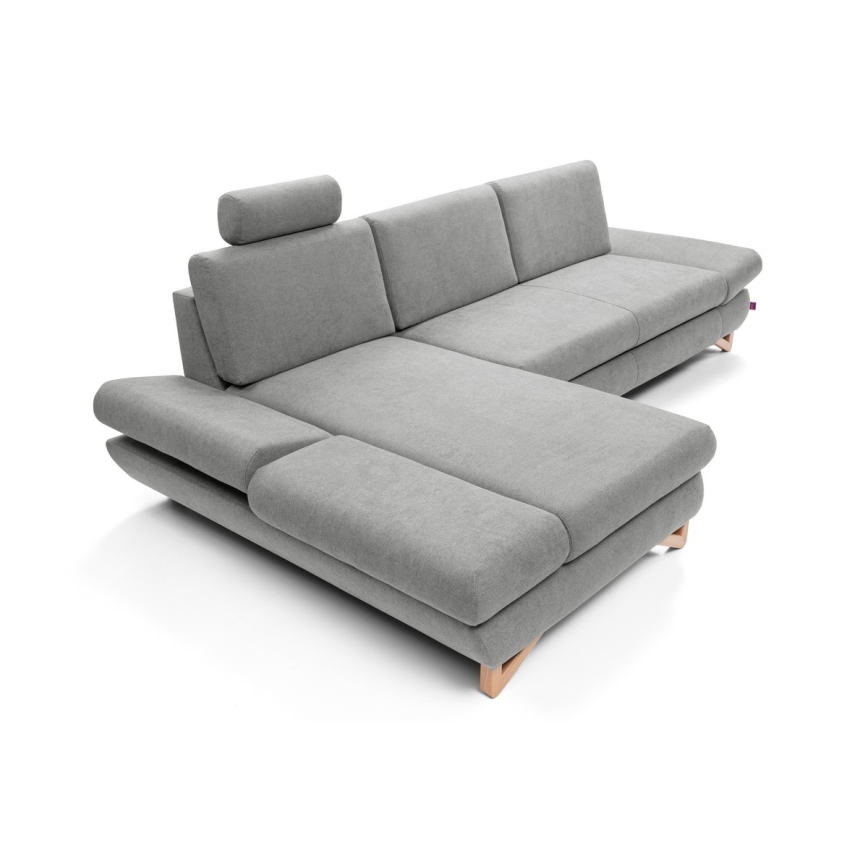 L-shaped upholstered folding corner lounge suite with a storage space AVESTA left grey