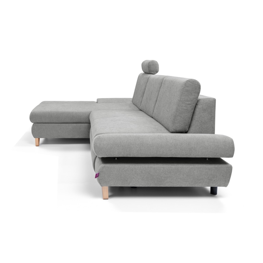 L-shaped upholstered folding corner lounge suite with a storage space AVESTA left grey