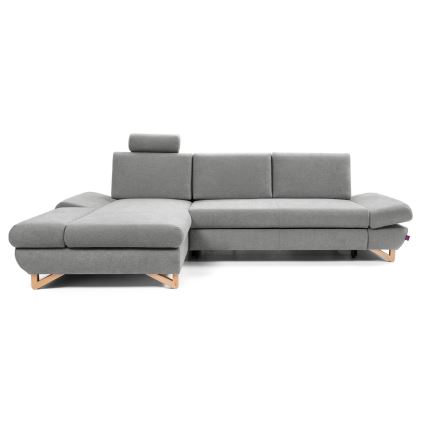 L-shaped upholstered folding corner lounge suite with a storage space AVESTA left grey