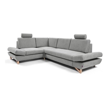 L-shaped upholstered folding corner lounge suite with a storage space AVESTA left grey