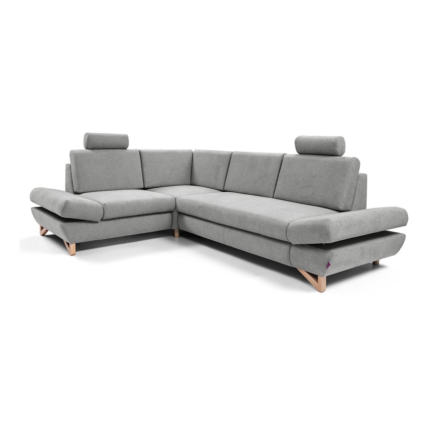 L-shaped upholstered folding corner lounge suite with a storage space AVESTA left grey