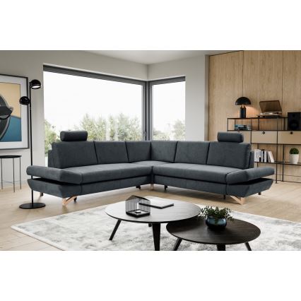 L-shaped upholstered folding corner lounge suite with a storage space AVESTA right anthracite