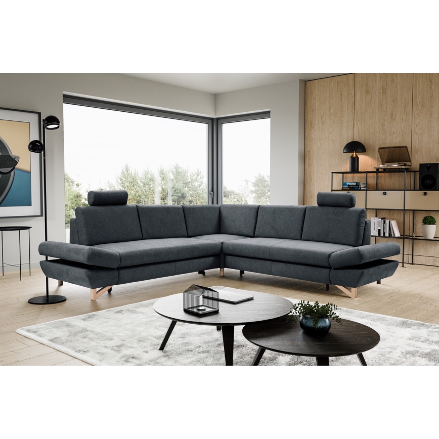 L-shaped upholstered folding corner lounge suite with a storage space AVESTA right anthracite