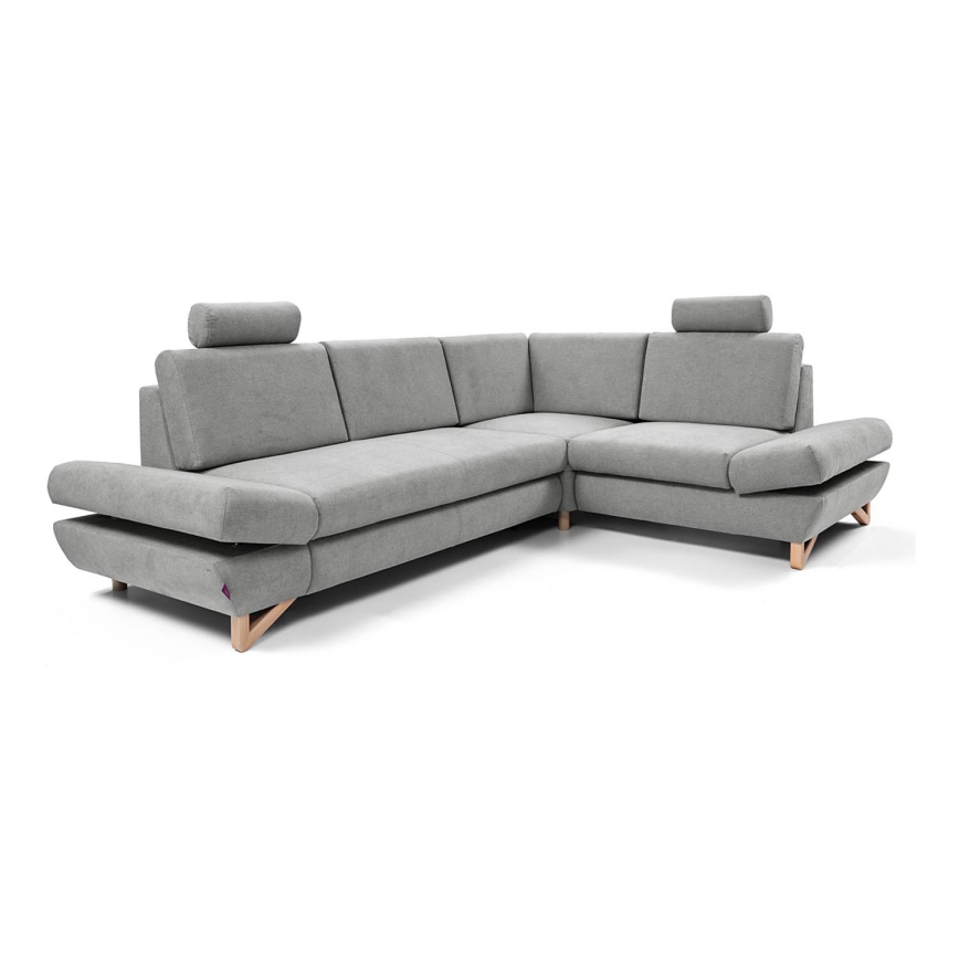 L-shaped upholstered folding corner lounge suite with a storage space AVESTA right grey