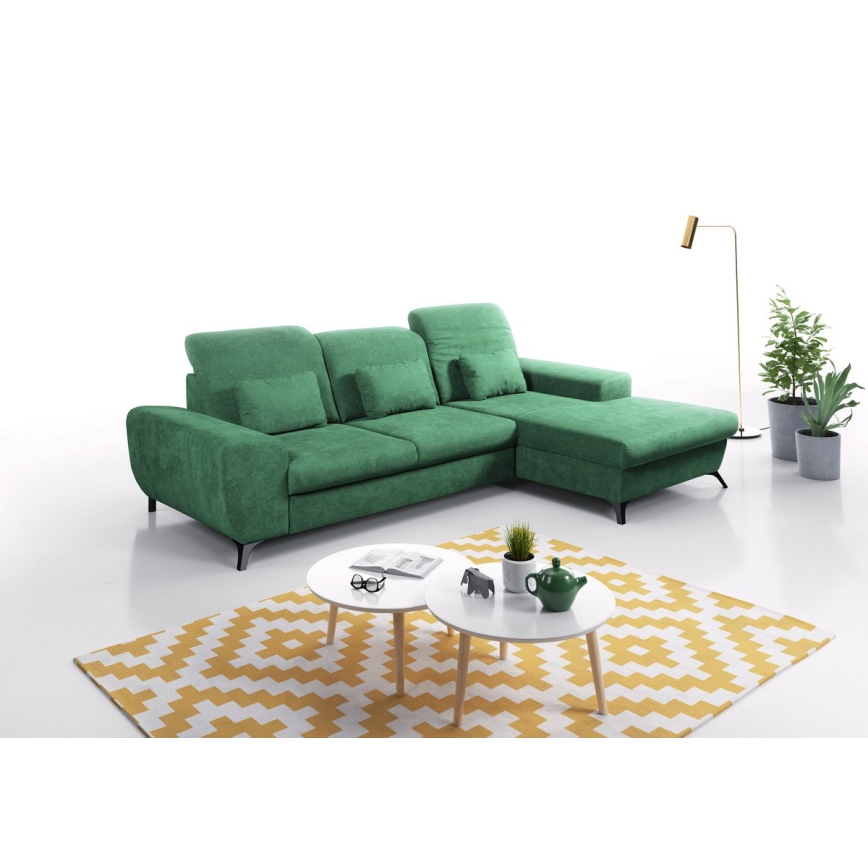 L-shaped upholstered folding corner lounge suite with a storage space ALTA right green