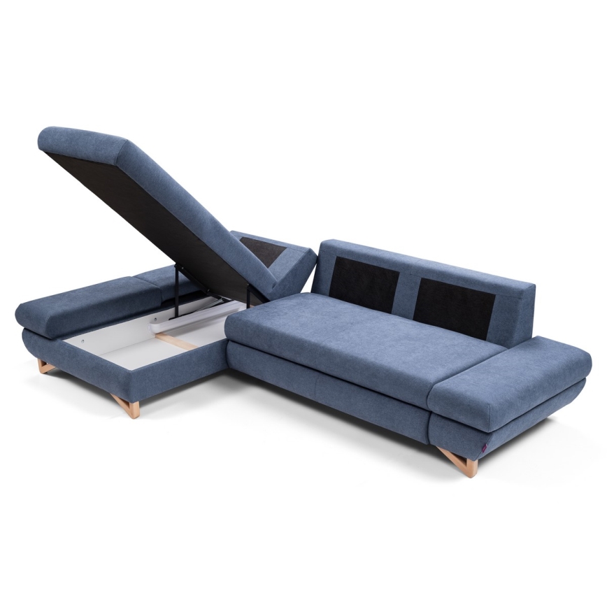 L-shaped upholstered folding corner lounge suite with a storage space AVESTA left blue
