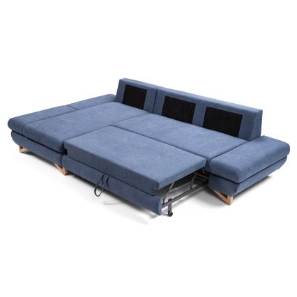 L-shaped upholstered folding corner lounge suite with a storage space AVESTA left blue