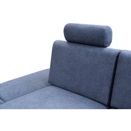 L-shaped upholstered folding corner lounge suite with a storage space AVESTA left blue