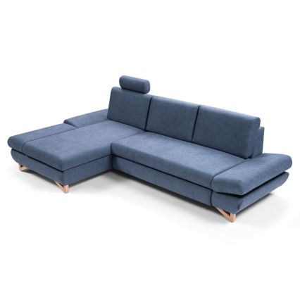 L-shaped upholstered folding corner lounge suite with a storage space AVESTA left blue